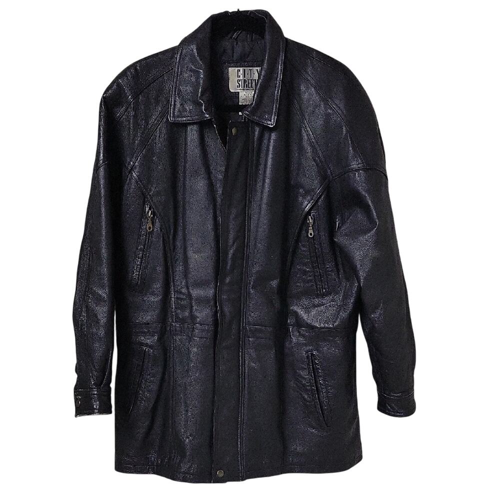 City Streets Vintage Black Leather Full Zip Long Jacket Mens Size Medium